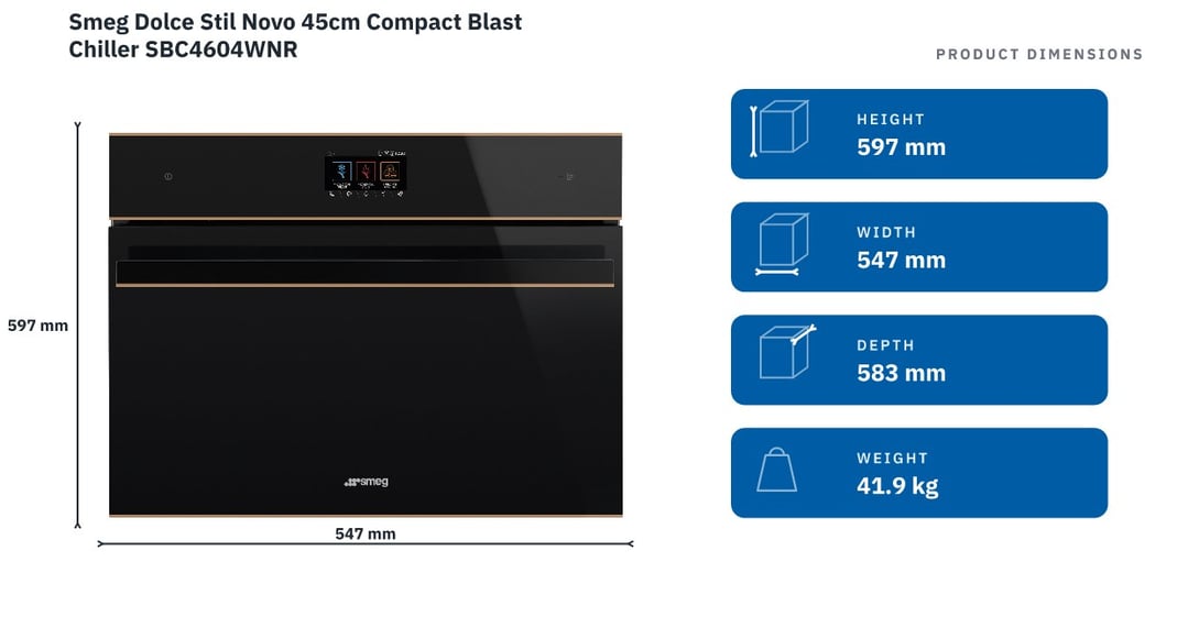 Smeg Dolce Stil Novo 45cm Compact Blast Chiller SBC4604WNR — product dimensions