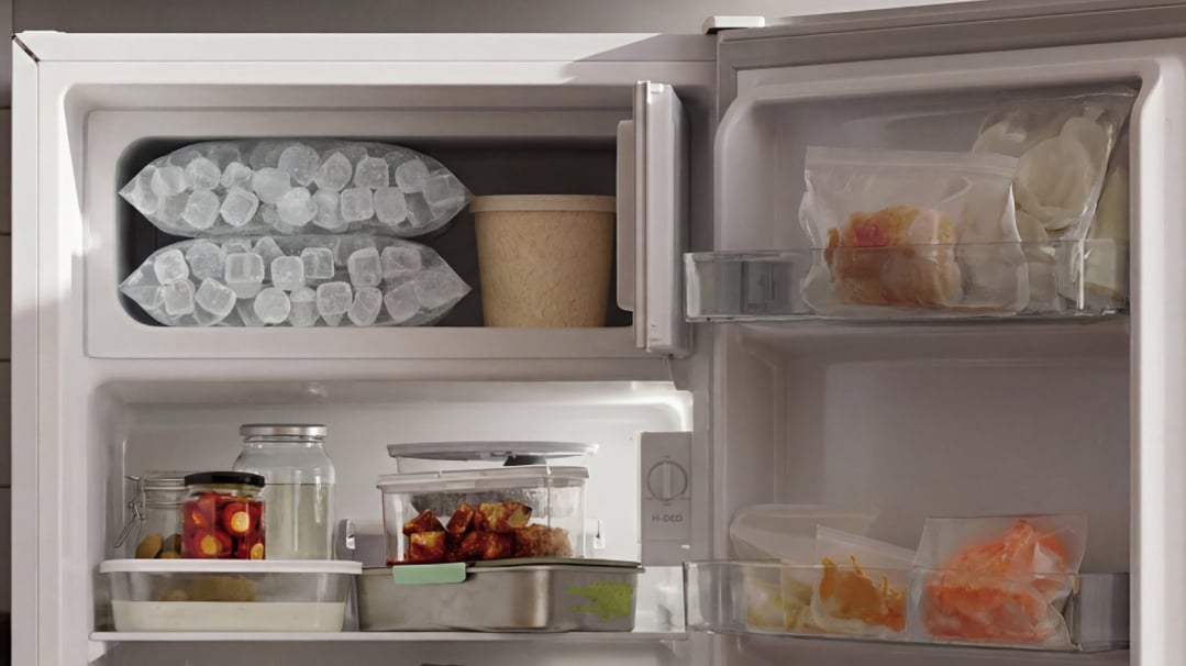 Open vertical refrigerator showing various food items stored inside