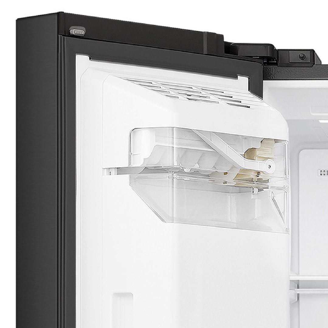 Close-up of the interior of a black fridge with an ice maker