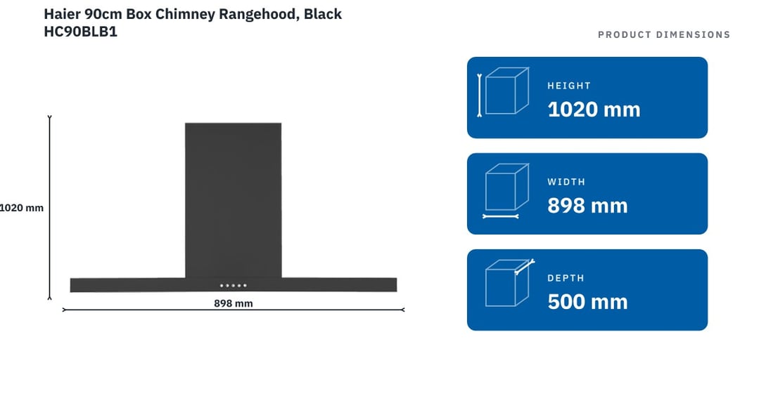 Haier 90cm Box Chimney Rangehood, Black HC90BLB1 — product dimensions