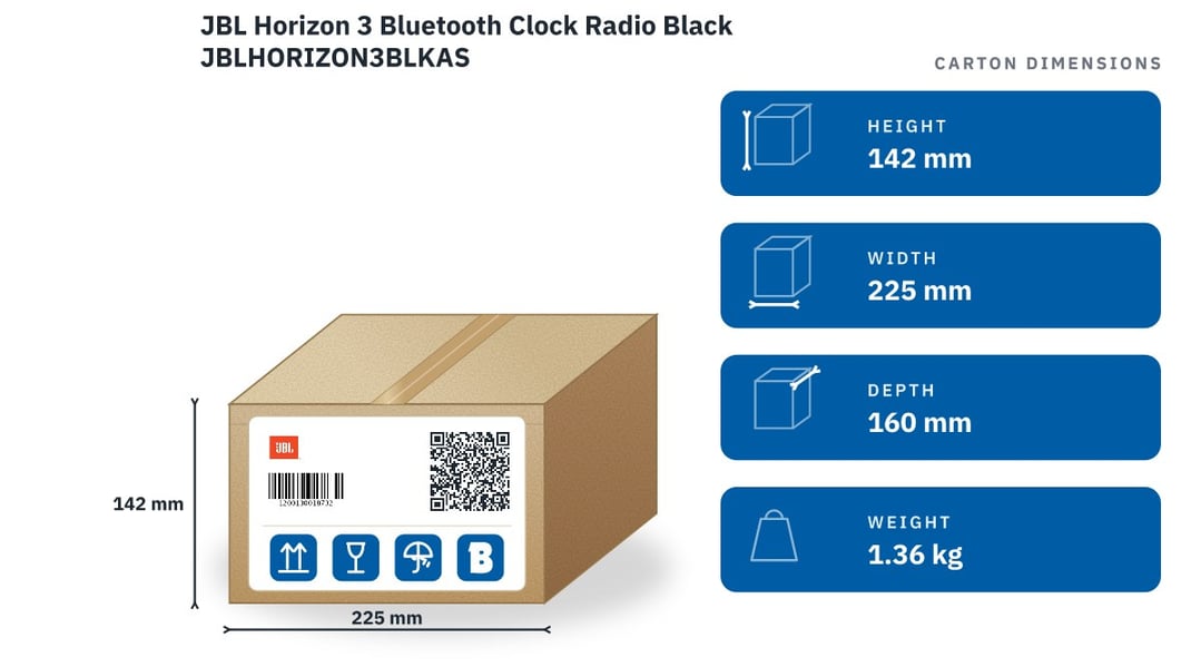 JBL Horizon 3 Bluetooth Clock Radio Black JBLHORIZON3BLKAS — packaged dimensions