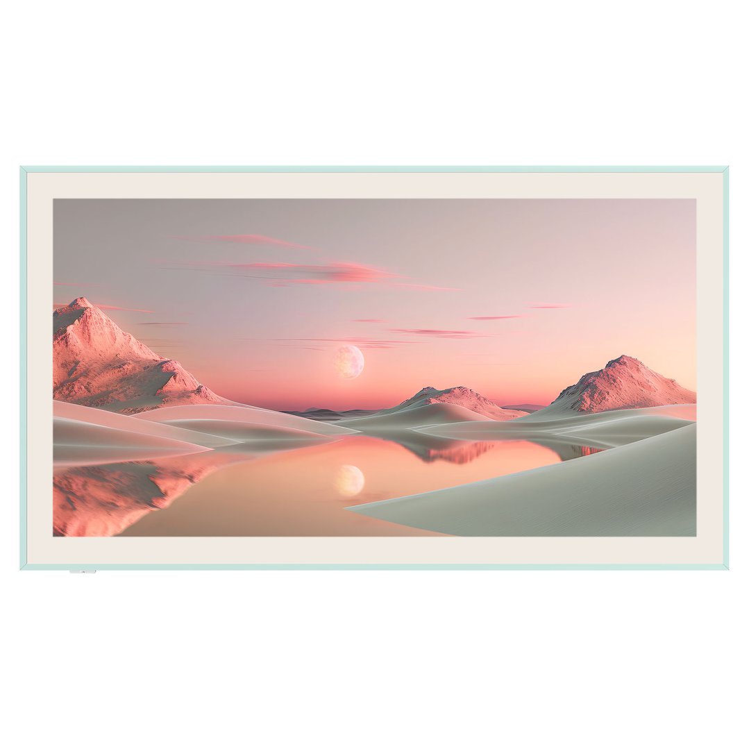 TV with a mint green frame displaying a desert landscape with a pink sky