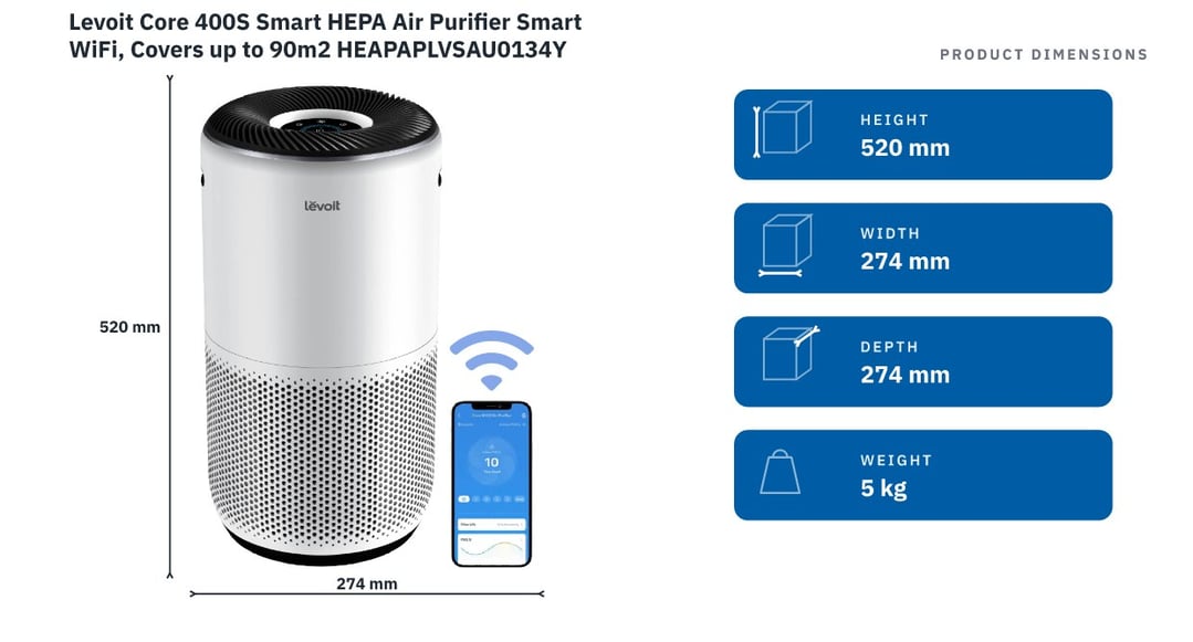 Levoit Core 400S Smart HEPA Air Purifier Smart WiFi, Covers up to 90m2 HEAPAPLVSAU0134Y — product dimensions