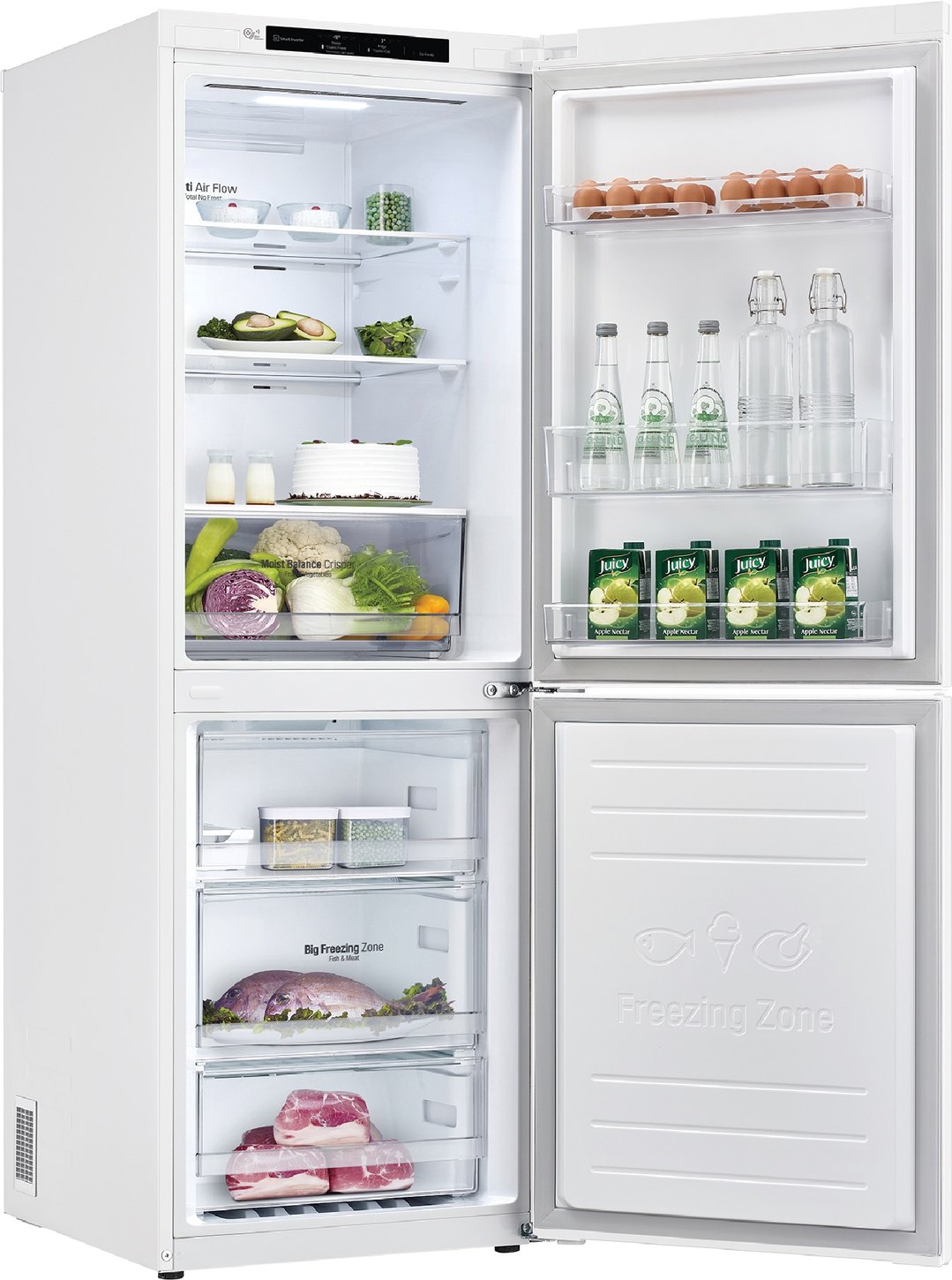 Open LG bottom mount fridge with food and drinks inside, front view