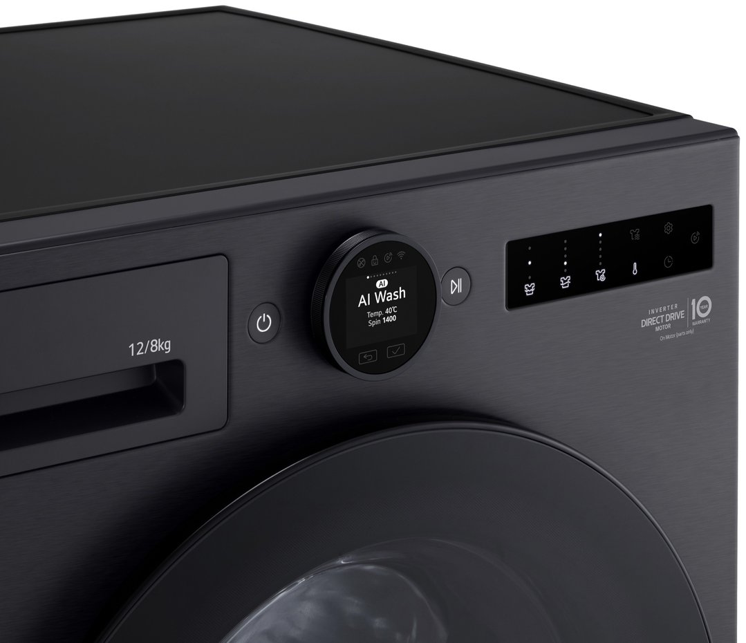 Close up of the control panel of a matte black washer dryer combo