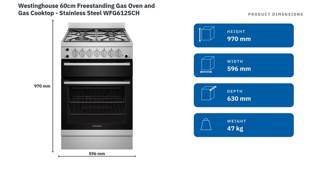 Westinghouse 60cm Freestanding Gas Oven and Gas Cooktop - Stainless Steel WFG612SCH — product dimensions