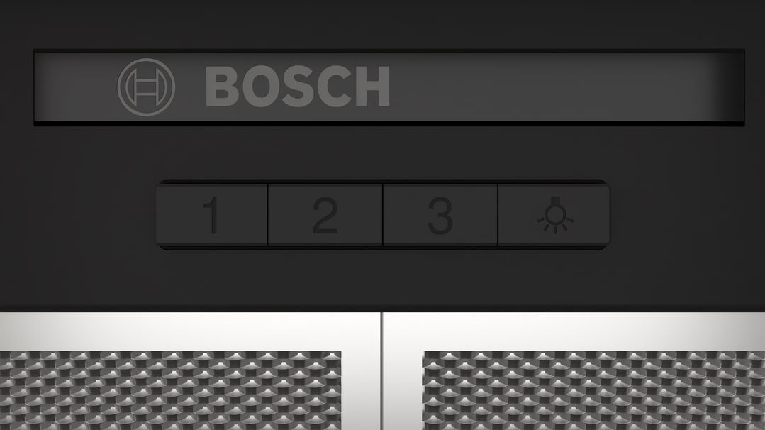 Close up of a Bosch rangehood control panel with buttons 1, 2, 3, and light
