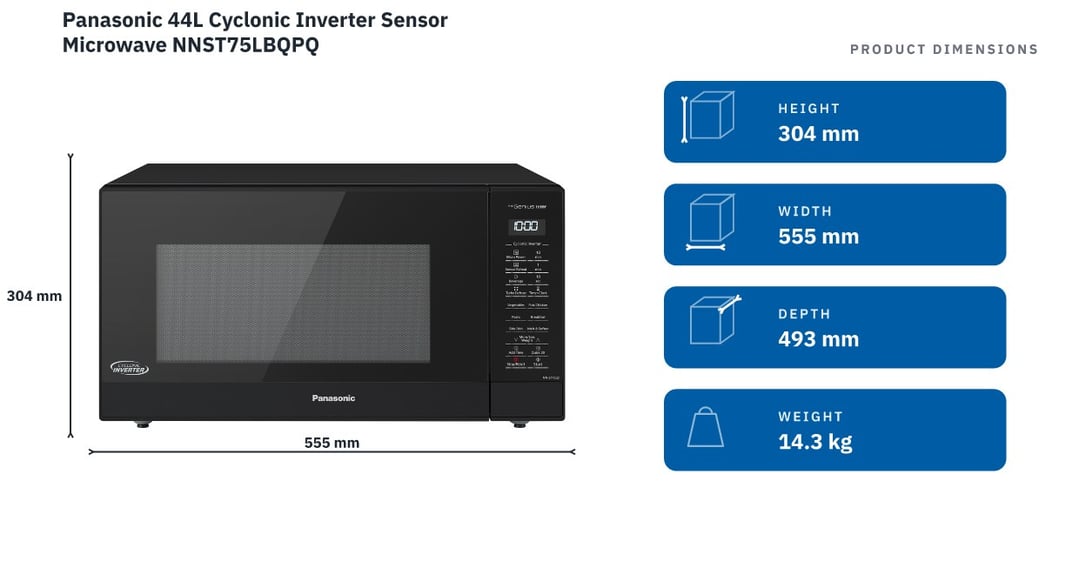 Panasonic 44L Cyclonic Inverter Sensor Microwave NNST75LBQPQ — product dimensions