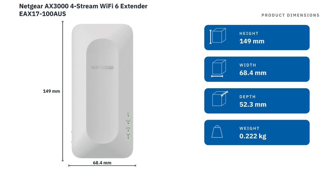 Netgear AX3000 4-Stream WiFi 6 Extender EAX17-100AUS — product dimensions