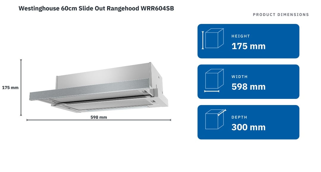 Westinghouse 60cm Slide Out Rangehood WRR604SB — product dimensions