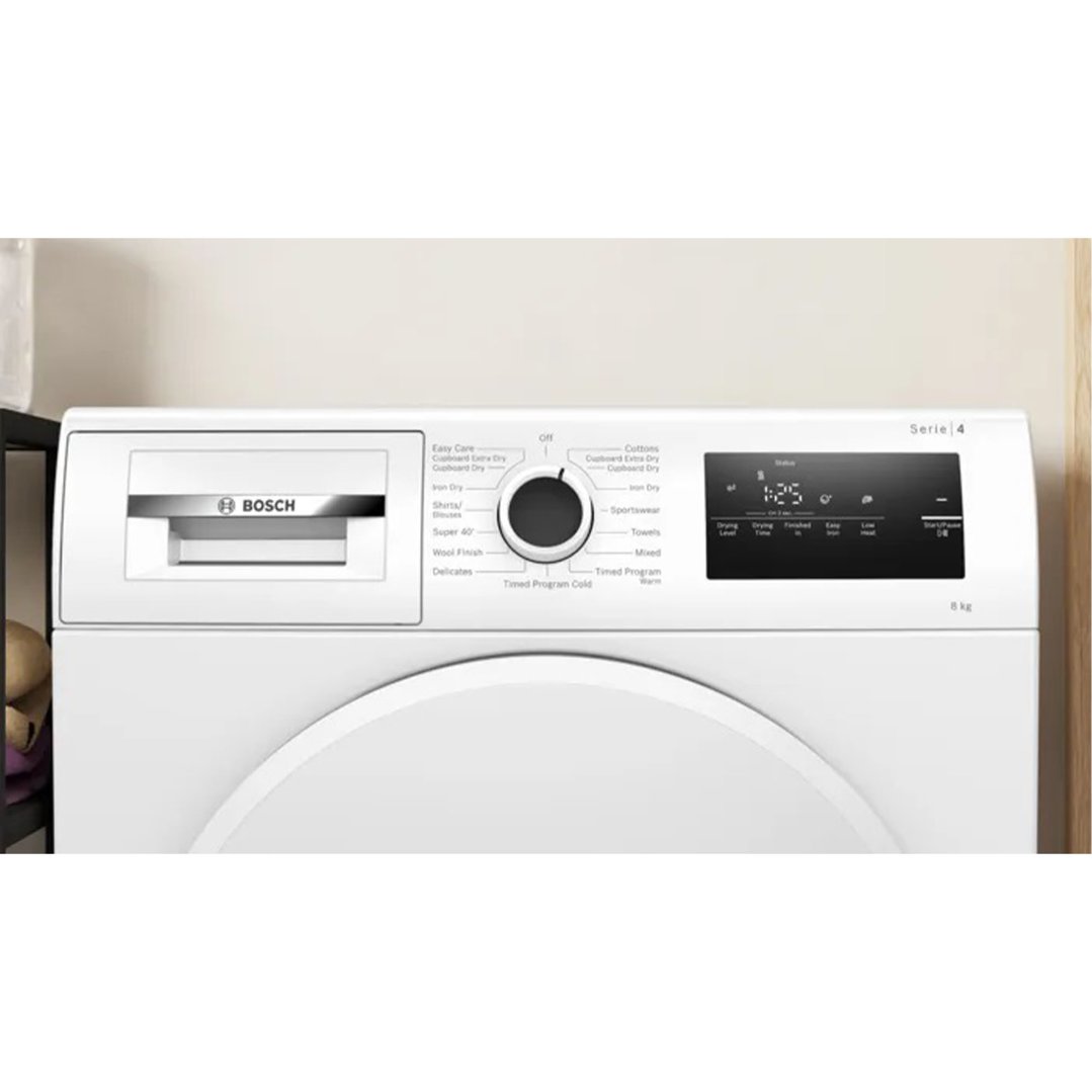 Close up of a white Bosch 8kg Series 4 heat pump tumble dryer