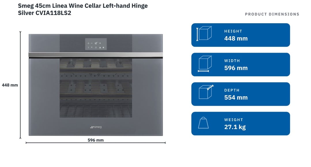 Smeg 45cm Linea Wine Cellar Left-hand Hinge Silver CVIA118LS2 — product dimensions