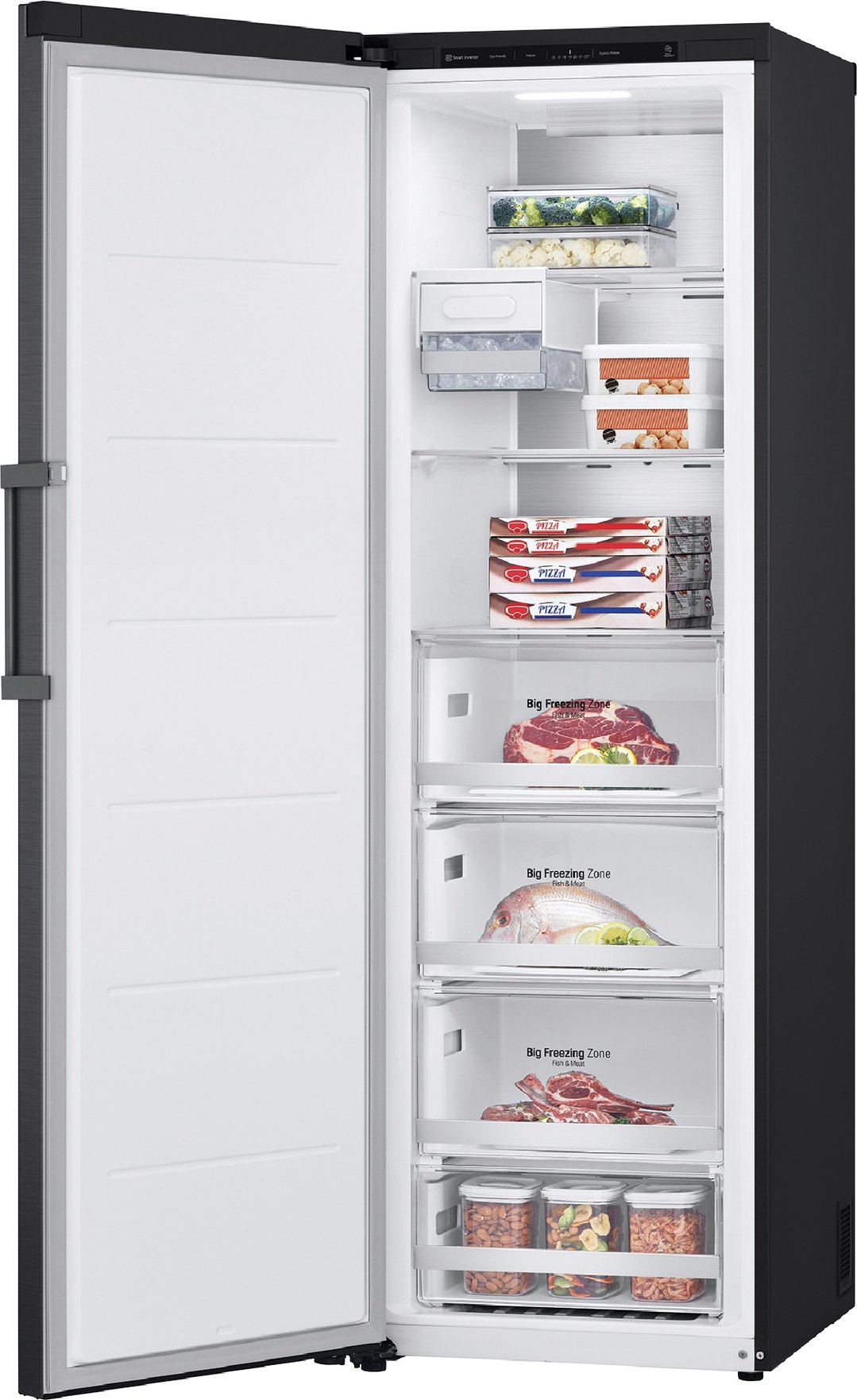 Open matte black single door freezer with food items inside