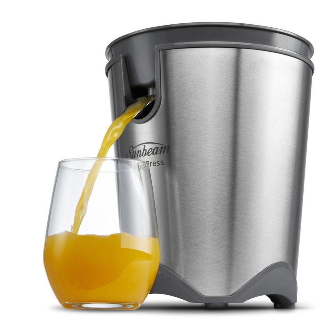 Sunbeam CitrusPress juicer pouring juice into a glass on a white background