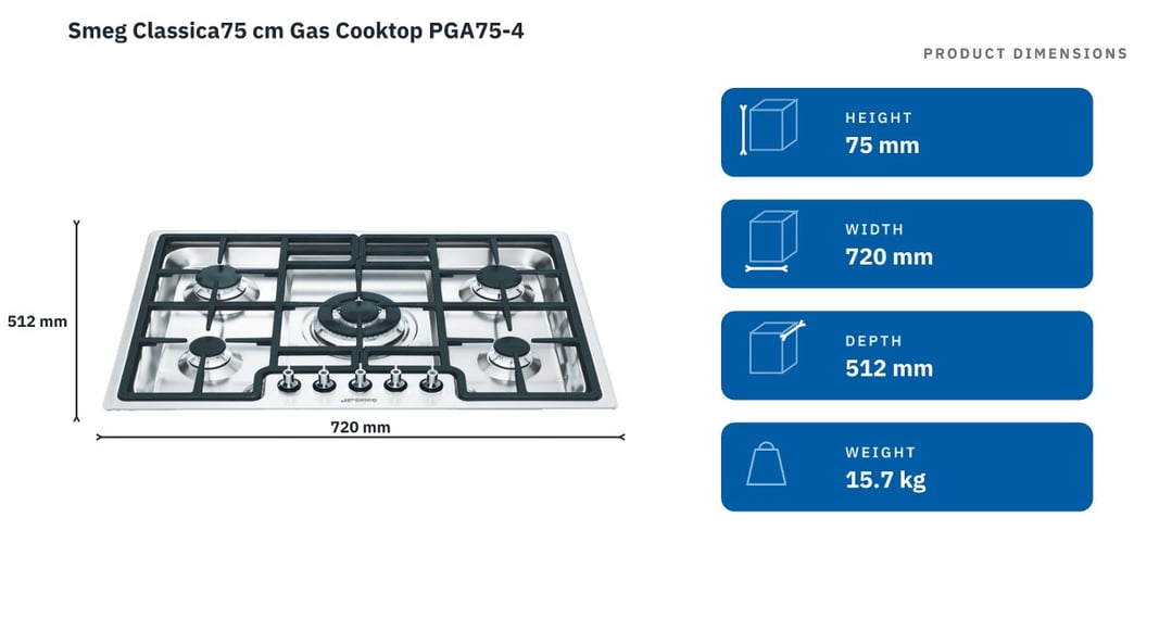 Smeg Classica75 cm Gas Cooktop PGA75-4 — product dimensions
