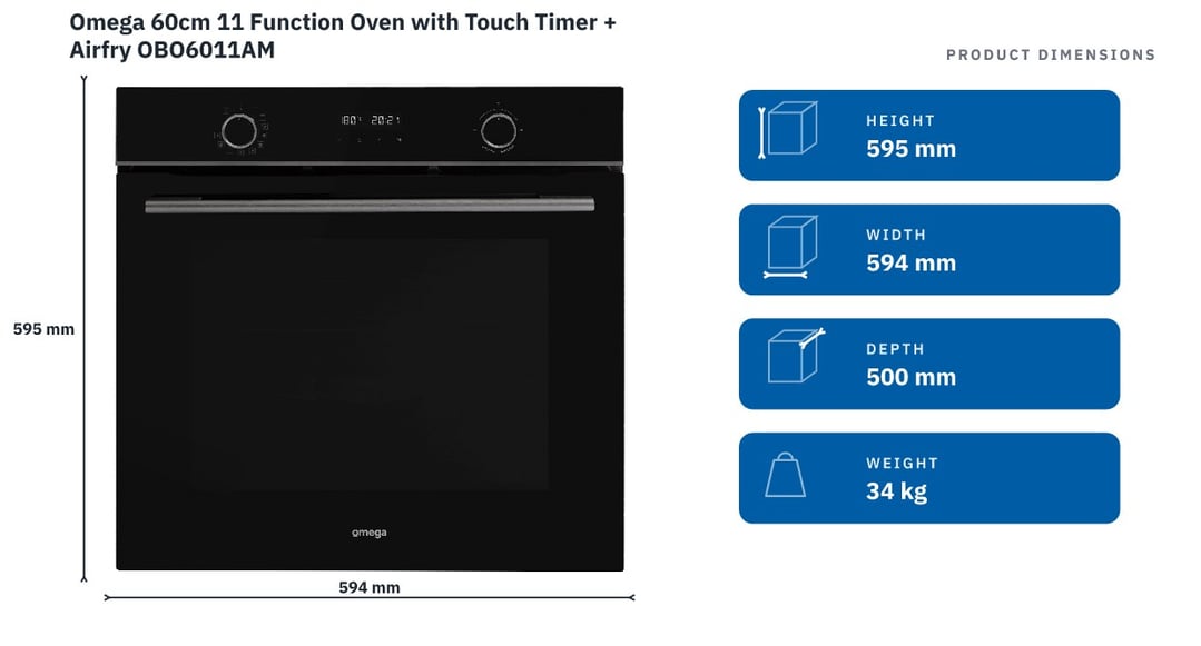 Omega 60cm 11 Function Oven with Touch Timer + Airfry OBO6011AM — product dimensions