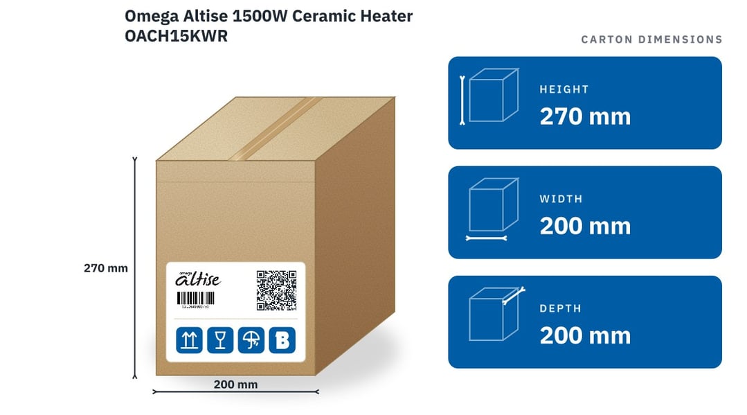 Omega Altise 1500W Ceramic Heater OACH15KWR — packaged dimensions