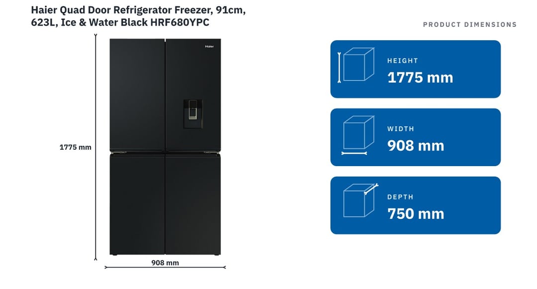 Haier Quad Door Refrigerator Freezer, 91cm, 623L, Ice & Water Black HRF680YPC