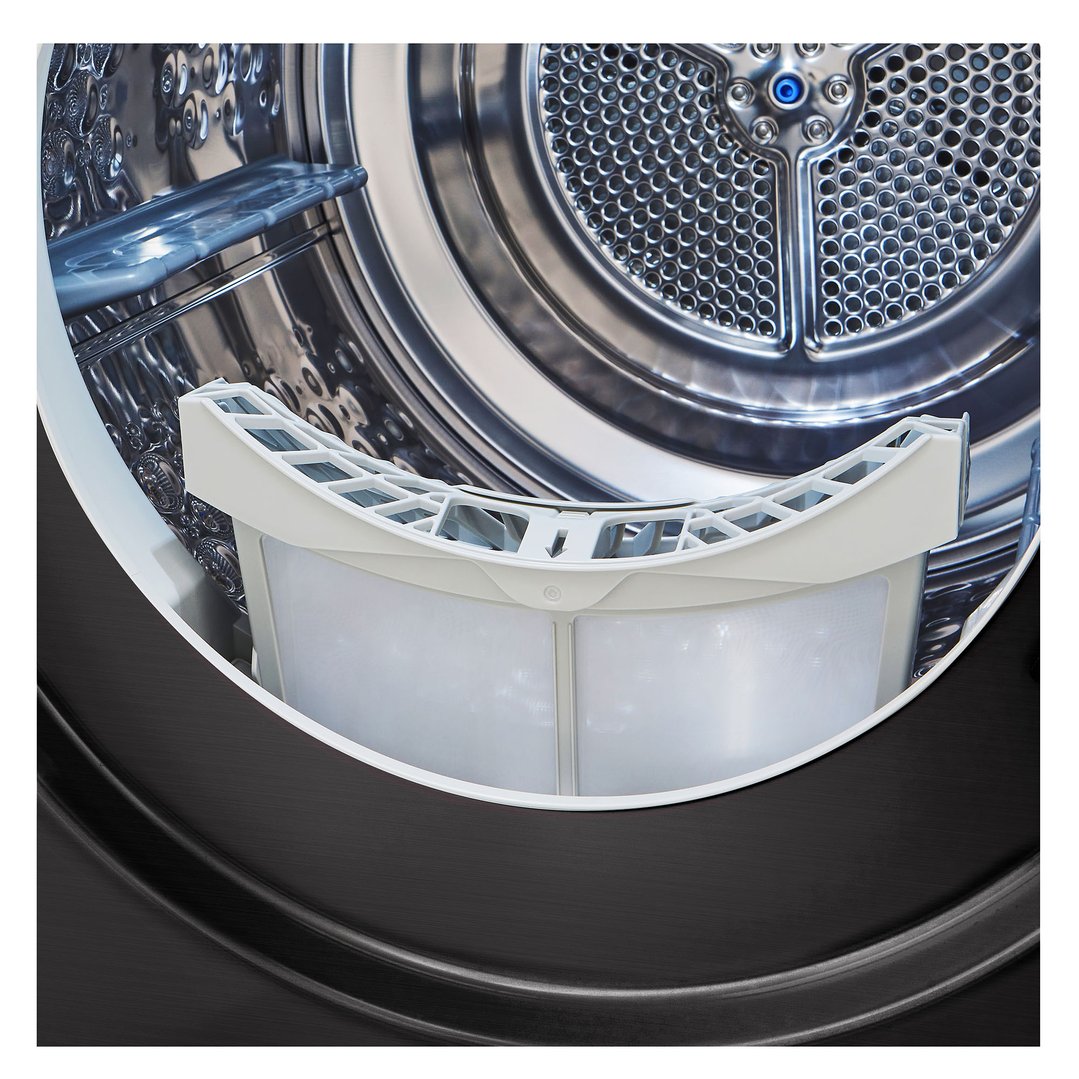 Close up of the interior of a black steel dryer with the lint filter visible