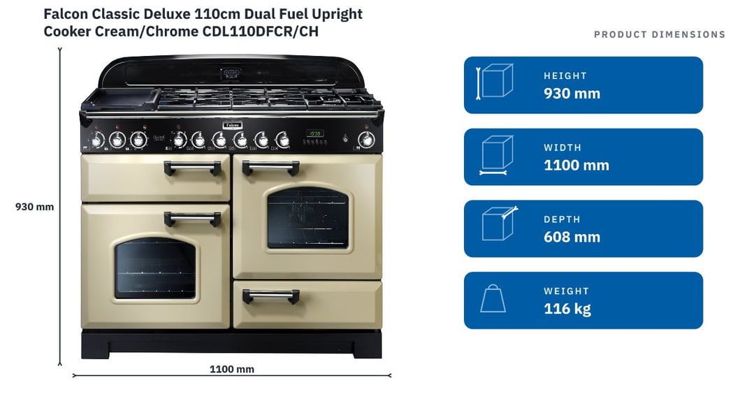 Falcon Classic Deluxe 110cm Dual Fuel Upright Cooker Cream/Chrome CDL110DFCR/CH — product dimensions