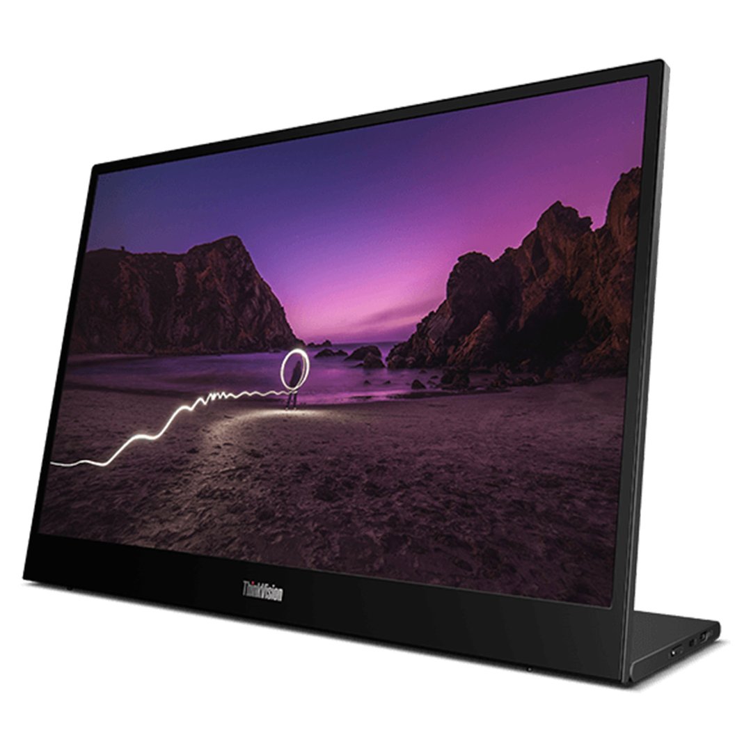 Lenovo ThinkVision monitor displaying a night beach scene with light painting