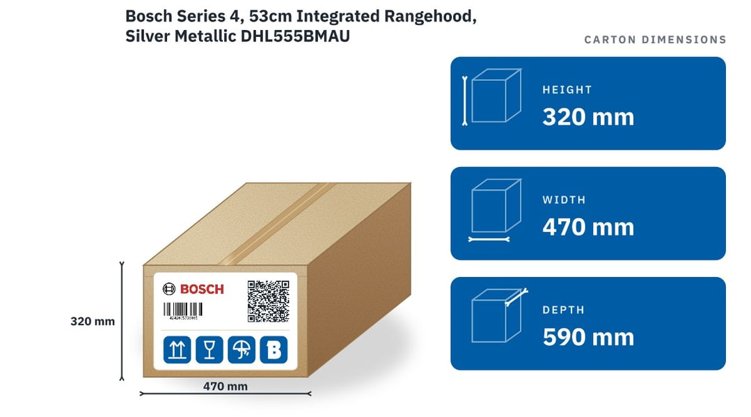 Bosch Series 4, 53cm Integrated Rangehood, Silver Metallic DHL555BMAU — packaged dimensions