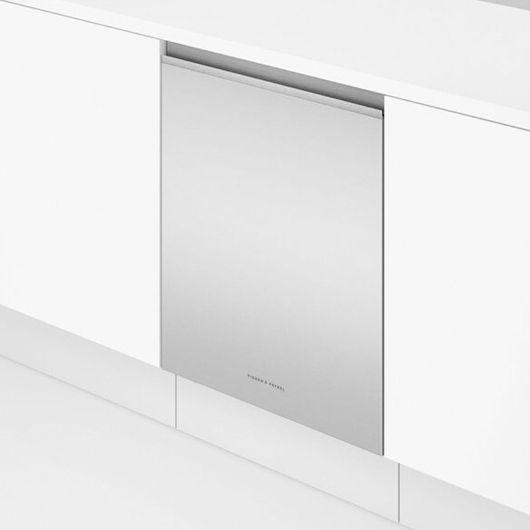Stainless steel dishwasher integrated into white kitchen cabinetry