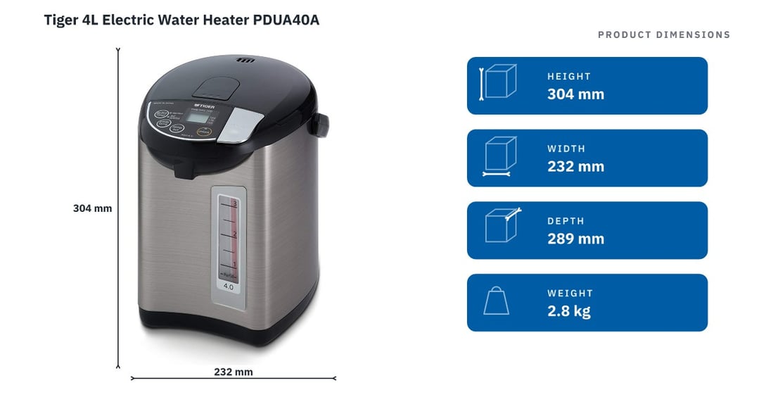Tiger 4L Electric Water Heater PDUA40A — product dimensions