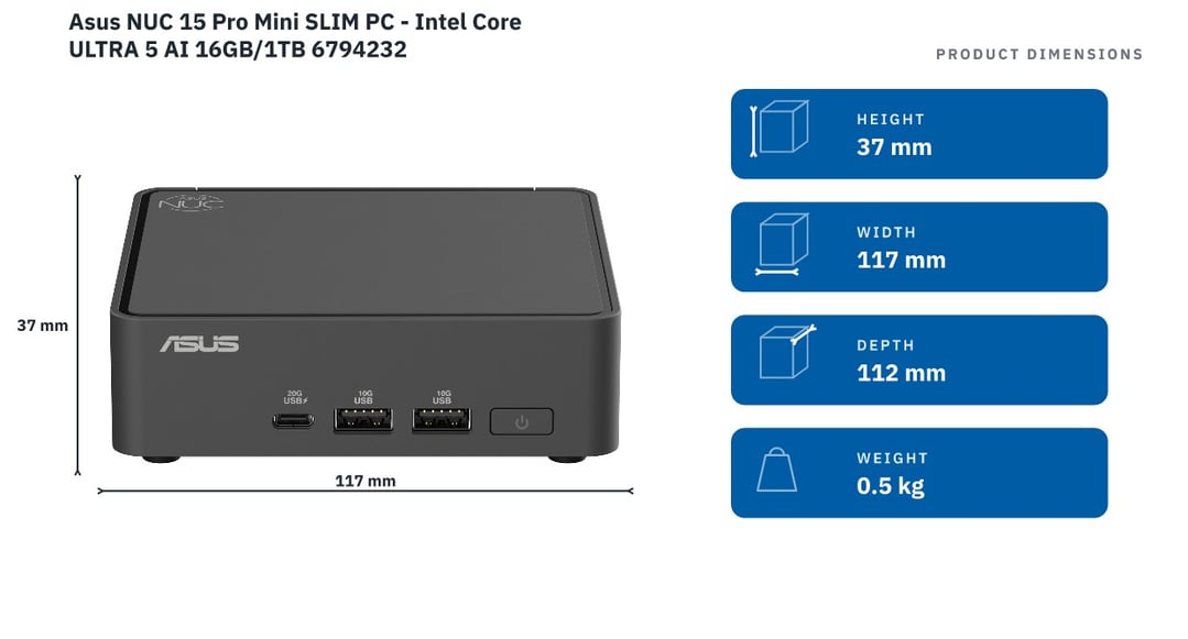 Asus NUC 15 Pro Mini SLIM PC - Intel Core ULTRA 5 AI 16GB/1TB 6794232 — product dimensions