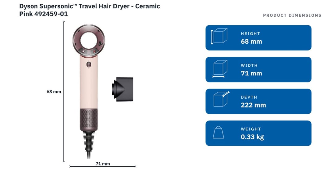Dyson Supersonic™ Travel Hair Dryer - Ceramic Pink 492459-01 — product dimensions
