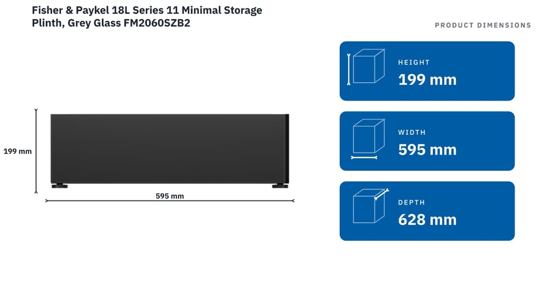 Fisher & Paykel 18L Series 11 Minimal Storage Plinth, Grey Glass FM2060SZB2 — product dimensions