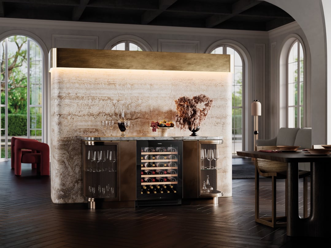 Wine cabinet integrated into a bar unit in a luxurious living room setting