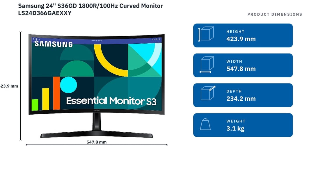 Samsung 24" S36GD 1800R/100Hz Curved Monitor LS24D366GAEXXY — product dimensions