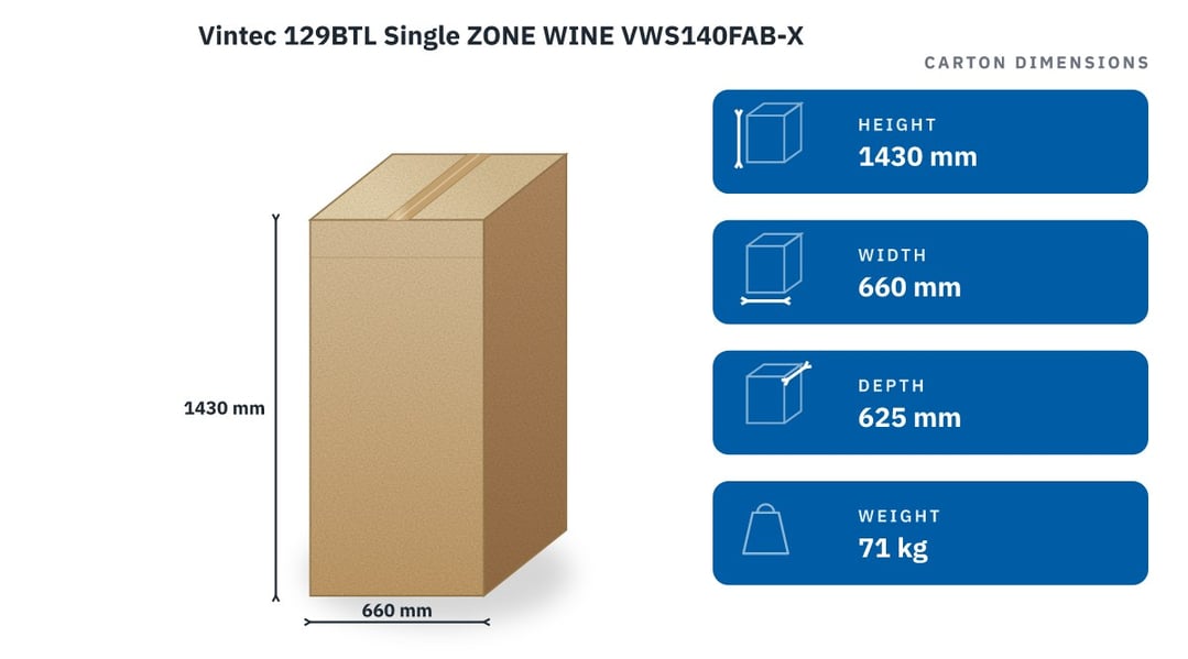 Vintec 129BTL Single ZONE WINE VWS140FAB-X — packaged dimensions
