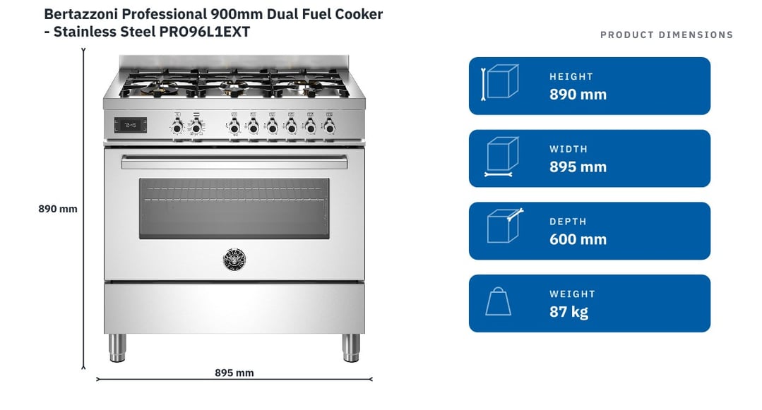 Bertazzoni Professional 900mm Dual Fuel Cooker - Stainless Steel PRO96L1EXT — product dimensions