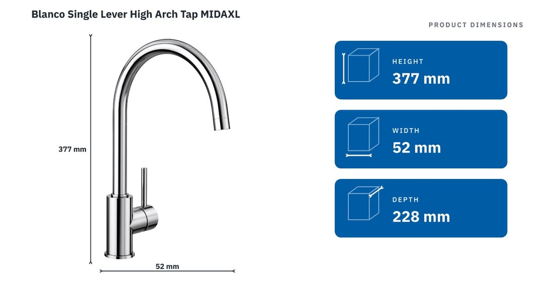Blanco Single Lever High Arch Tap MIDAXL — product dimensions