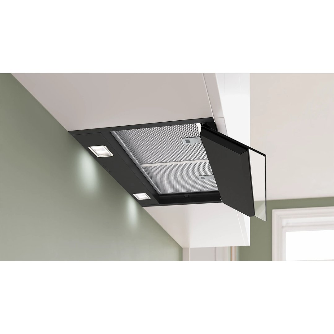 Black Bosch Series 6 integrated rangehood with lights on in a modern kitchen