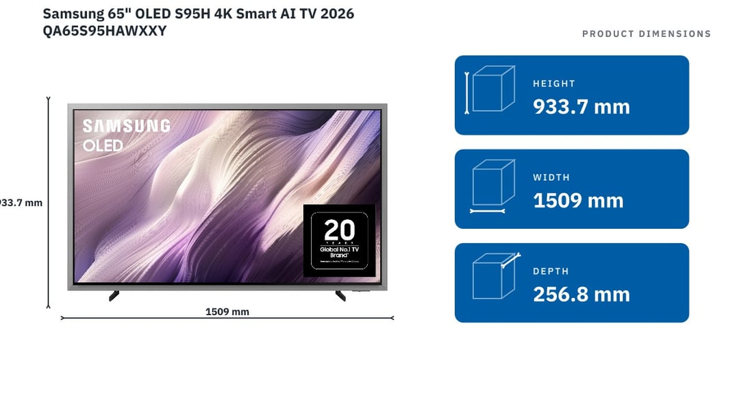 Samsung 65" OLED S95H 4K Smart AI TV 2026 QA65S95HAWXXY — product dimensions