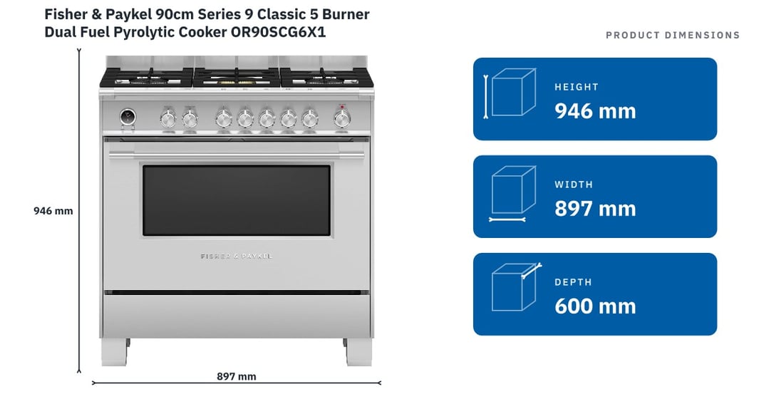 Fisher & Paykel 90cm Series 9 Classic 5 Burner Dual Fuel Pyrolytic Cooker OR90SCG6X1 — product dimensions
