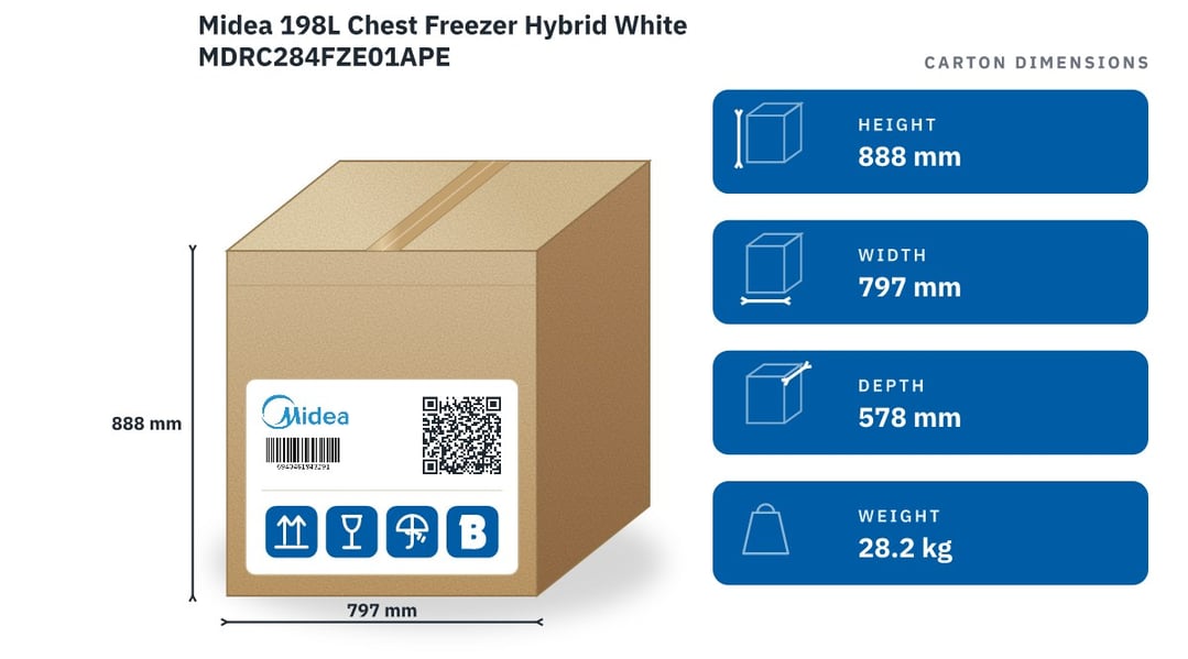 Midea 198L Chest Freezer Hybrid White MDRC284FZE01APE — packaged dimensions