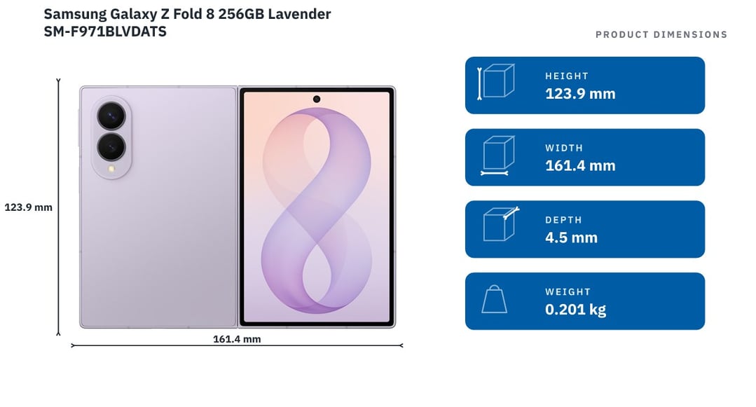 Samsung Galaxy Z Fold 8 256GB Lavender SM-F971BLVDATS — product dimensions