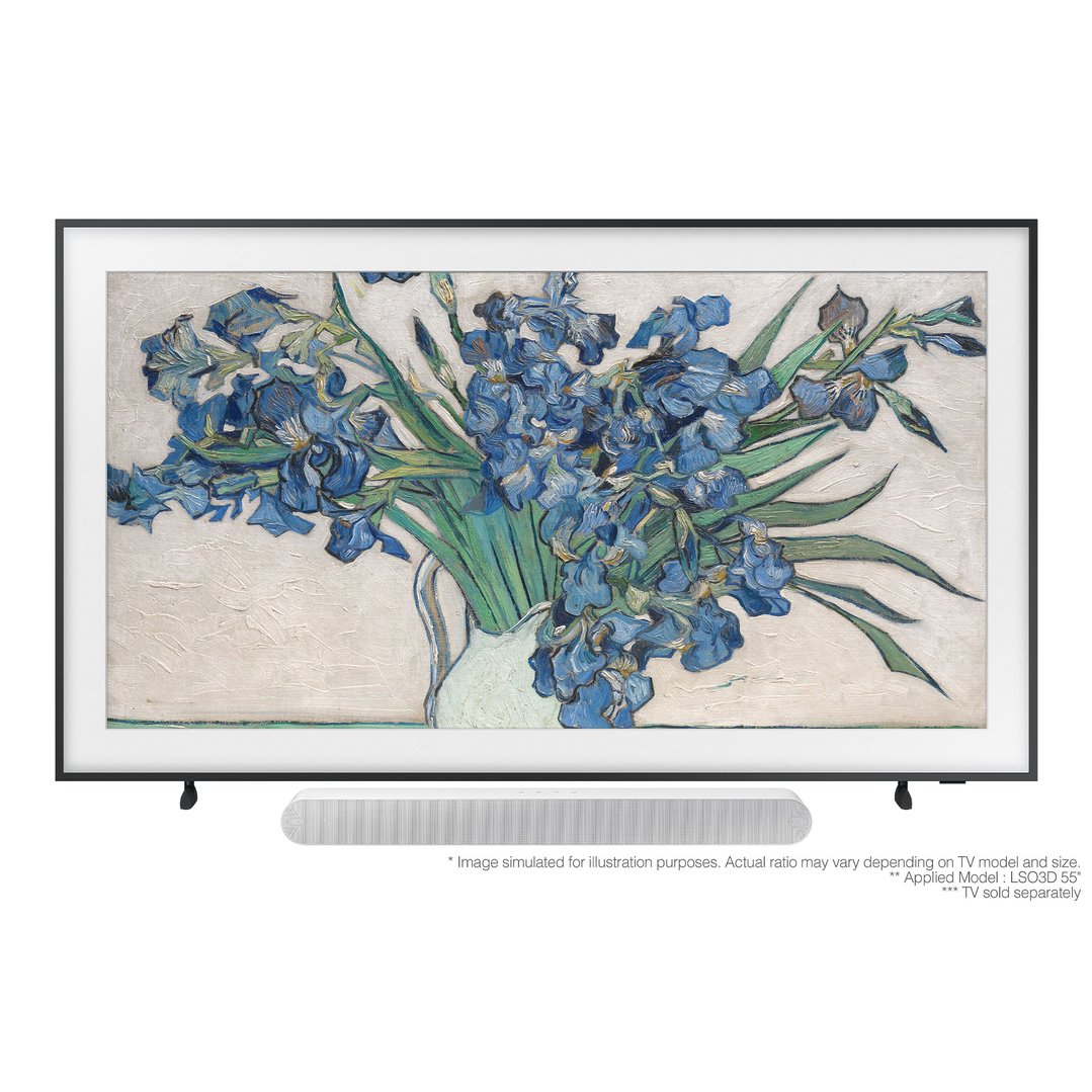 Black framed TV displaying a painting of blue irises, with a soundbar below