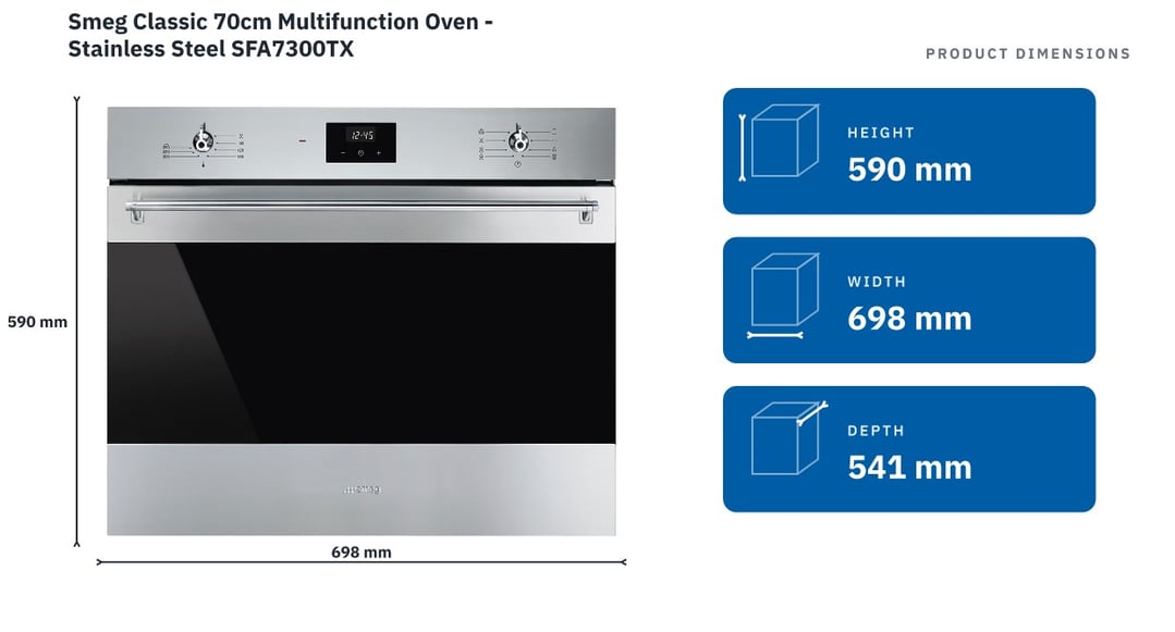 Smeg Classic 70cm Multifunction Oven - Stainless Steel SFA7300TX — product dimensions