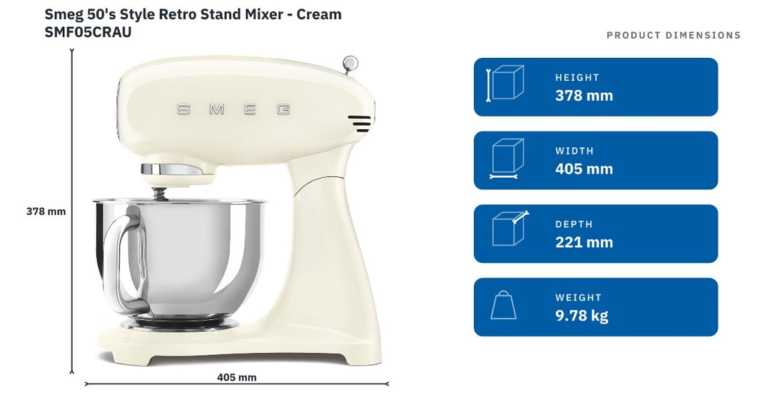 Smeg 50's Style Retro Stand Mixer - Cream SMF05CRAU — product dimensions
