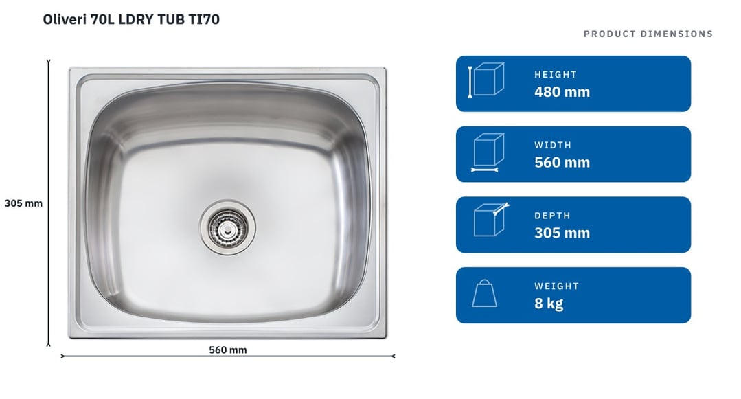 Oliveri 70L LDRY TUB TI70 — product dimensions