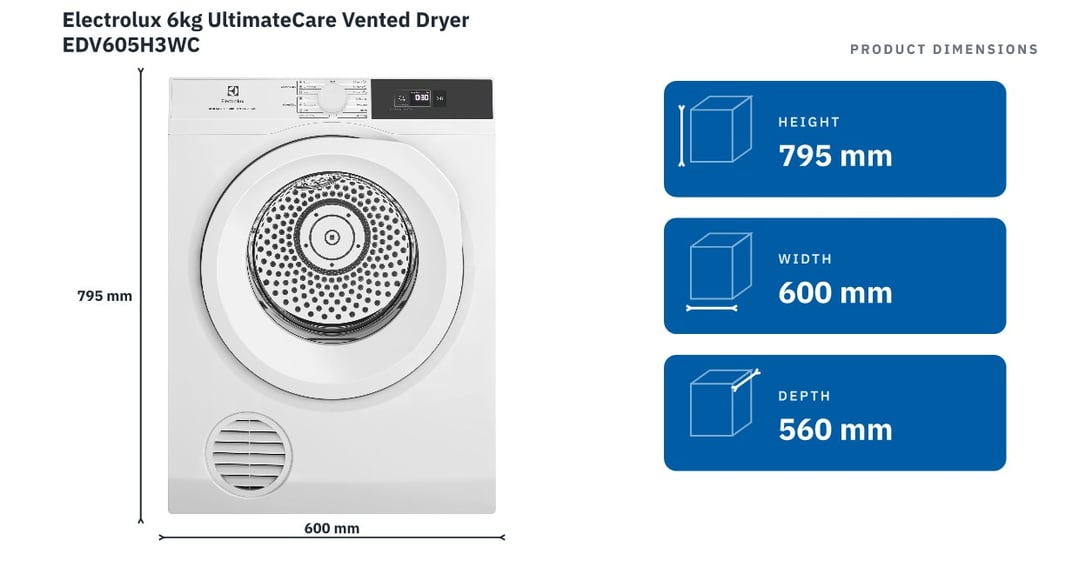 Electrolux 6kg UltimateCare Vented Dryer EDV605H3WC — product dimensions