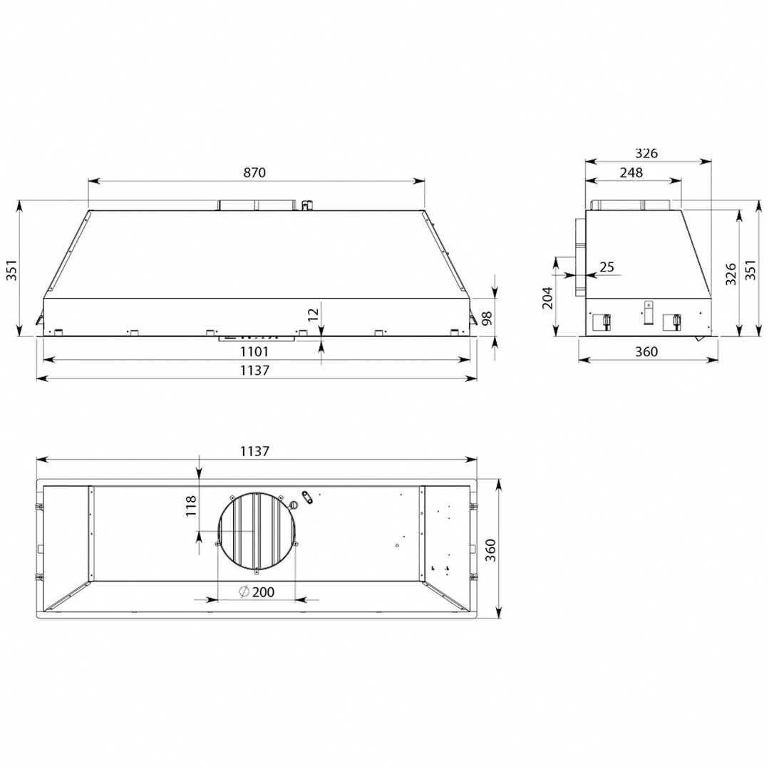 Falmec Milano+ 120cm Deep Cupboard Rangehood with External Roof Motor FP3MLD12S2ER20