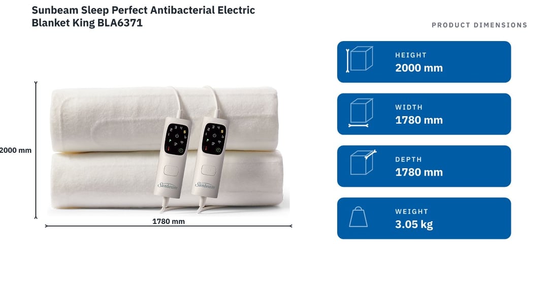 Sunbeam Sleep Perfect Antibacterial Electric Blanket King BLA6371 — product dimensions