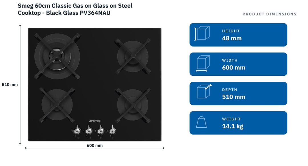 Smeg 60cm Classic Gas on Glass on Steel Cooktop - Black Glass PV364NAU — product dimensions