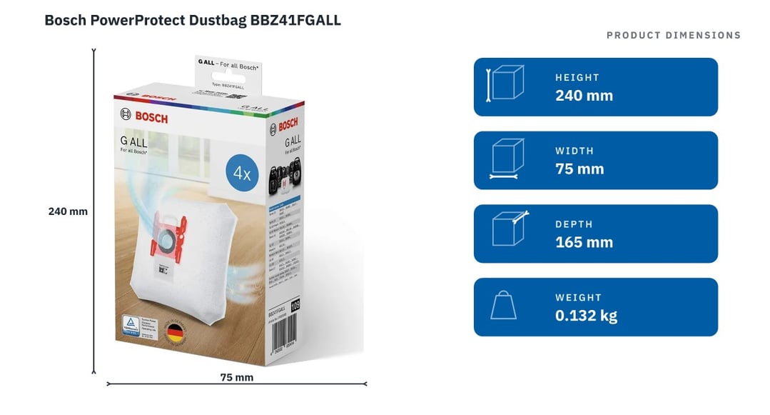 Bosch PowerProtect Dustbag BBZ41FGALL — product dimensions
